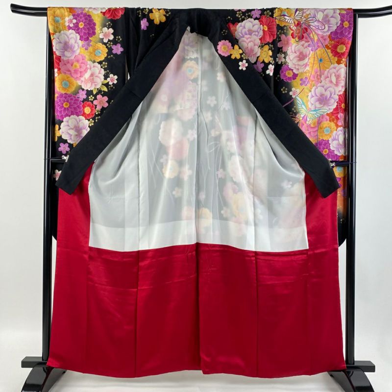 振袖 身丈161cm 裄丈67.5cm L 袷 蝶 桜 箔 金彩 黒 正絹 逸品