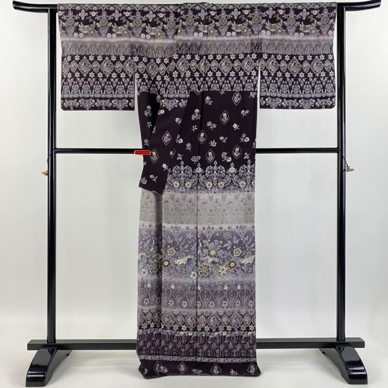 訪問着 身丈166cm 裄丈66cm M 袷 孔雀 草花 金糸 刺繍 濃紫 正絹
