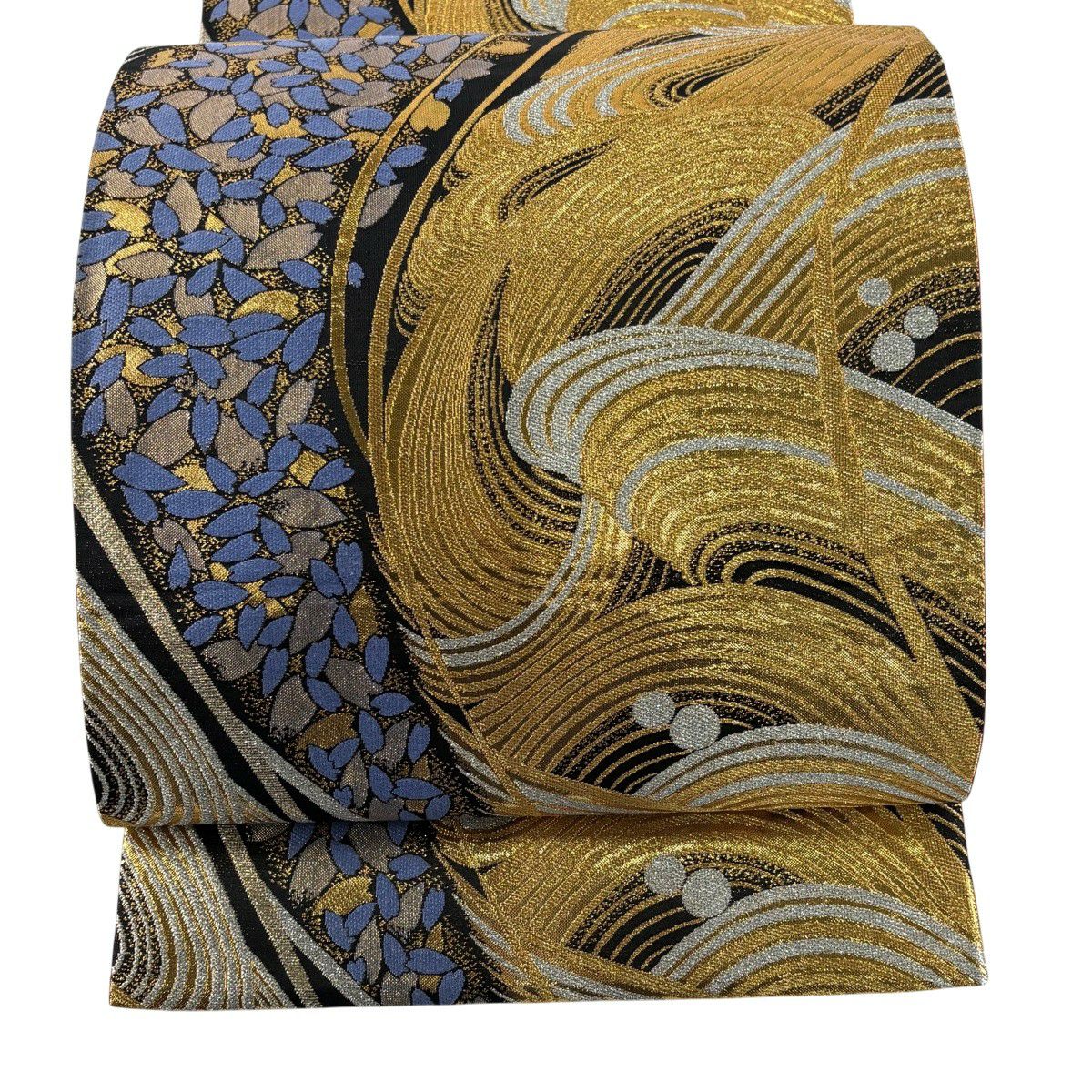 A 44美品袋帯 六通柄 金銀糸　流水花 桜　振袖向き　正絹 美品 着物 美品】 袋帯 秀品 振袖向き 波 桜の花びら 金銀糸 箔 黒 六通 正絹