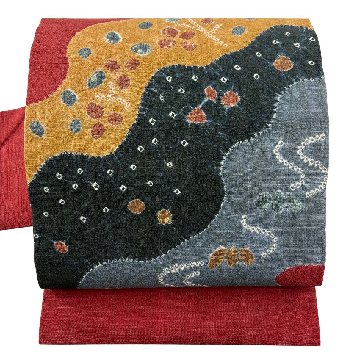 美品】 名古屋帯 秀品 紬地 雲文 草花 汕頭刺繍 薄茶色 正絹｜中古