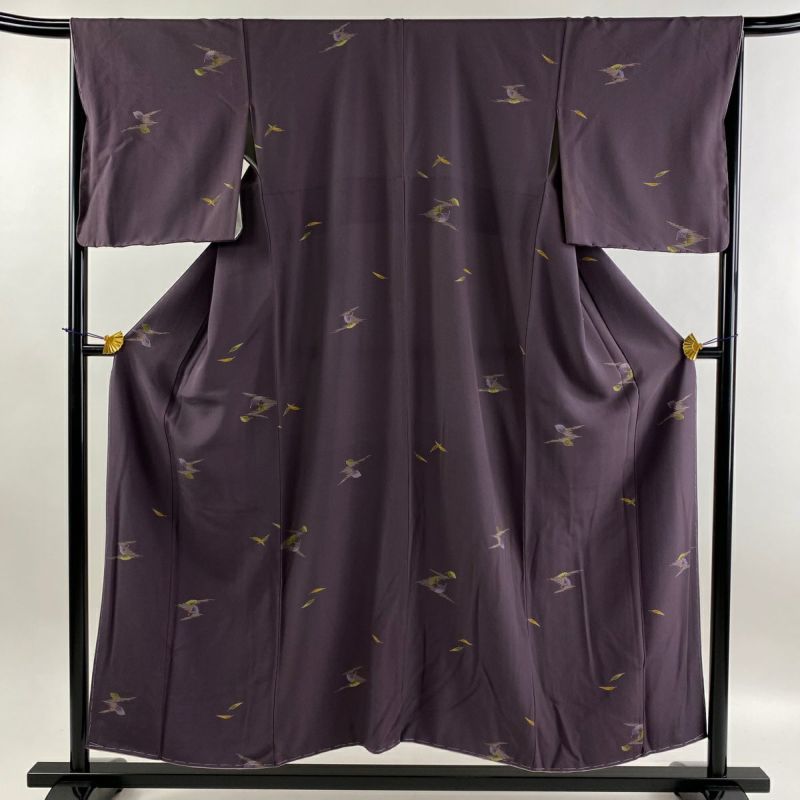 小紋 身丈157.5cm 裄丈62.5cm S 袷 葉と実 金彩 紫 正絹 美品 秀品 