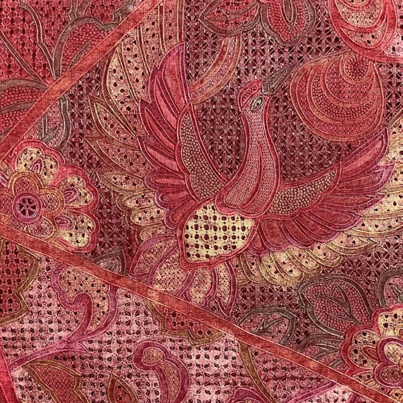 名古屋帯 美品 名品 関西仕立て 紬地 鳥 草花 刺繍 えんじ色