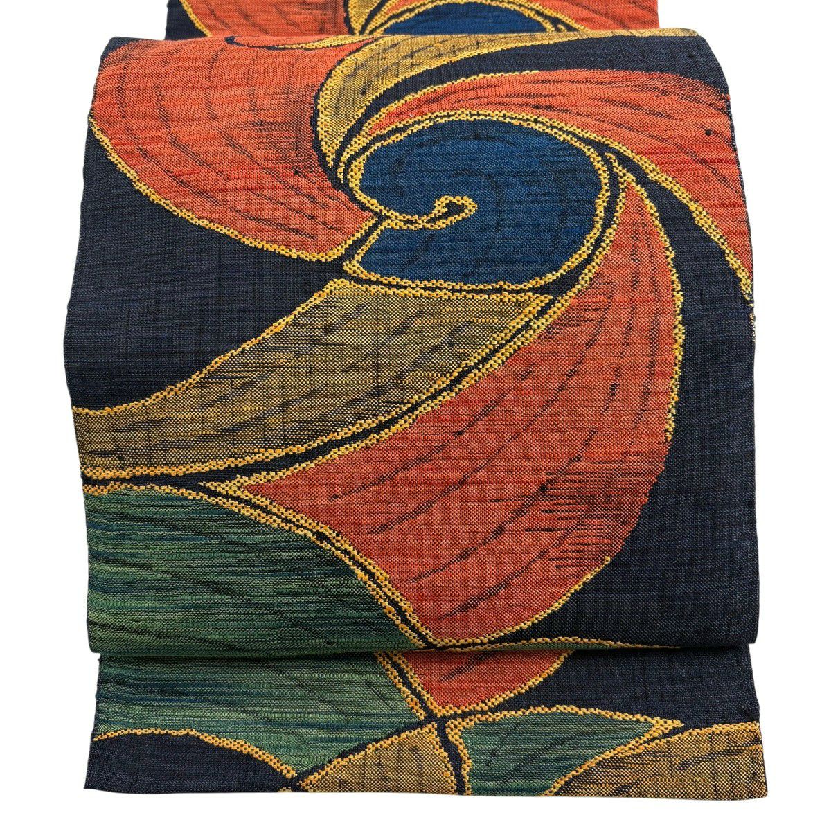 未着用　名古屋帯　松葉仕立て　紬　さるかに合戦　柿　臼　蜂　着物　042a d 未着用 名古屋帯 松葉仕立て 紬 さるかに合戦 柿 臼 蜂 着物 042a