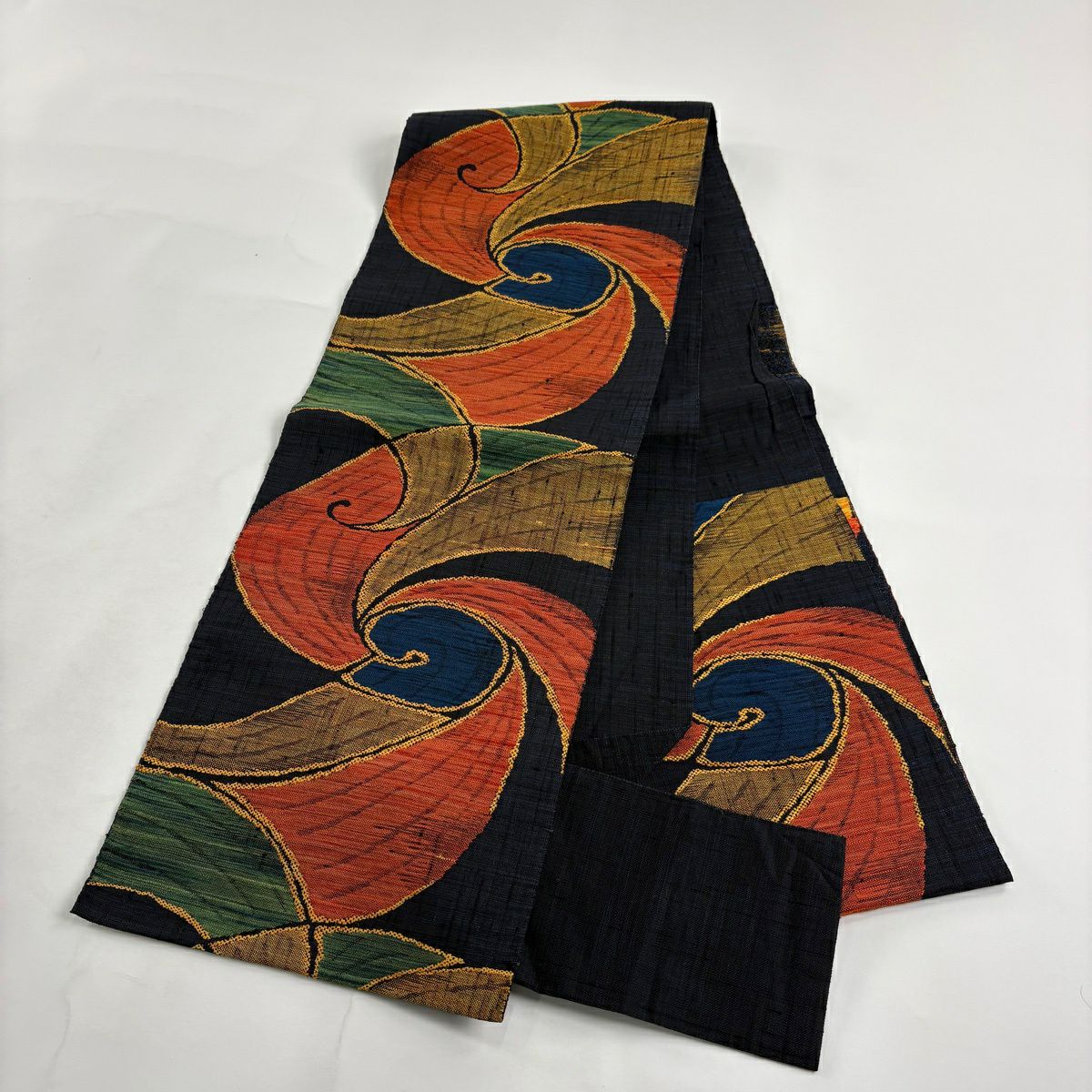 未着用　名古屋帯　松葉仕立て　紬　さるかに合戦　柿　臼　蜂　着物　042a d 未着用 名古屋帯 松葉仕立て 紬 さるかに合戦 柿 臼 蜂 着物 042a