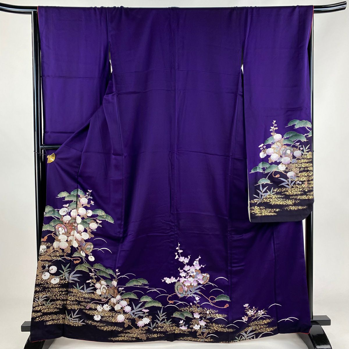 振袖 身丈167.5cm 裄丈68cm L 袷 牡丹 梅 金糸 刺繍 濃紫 正絹