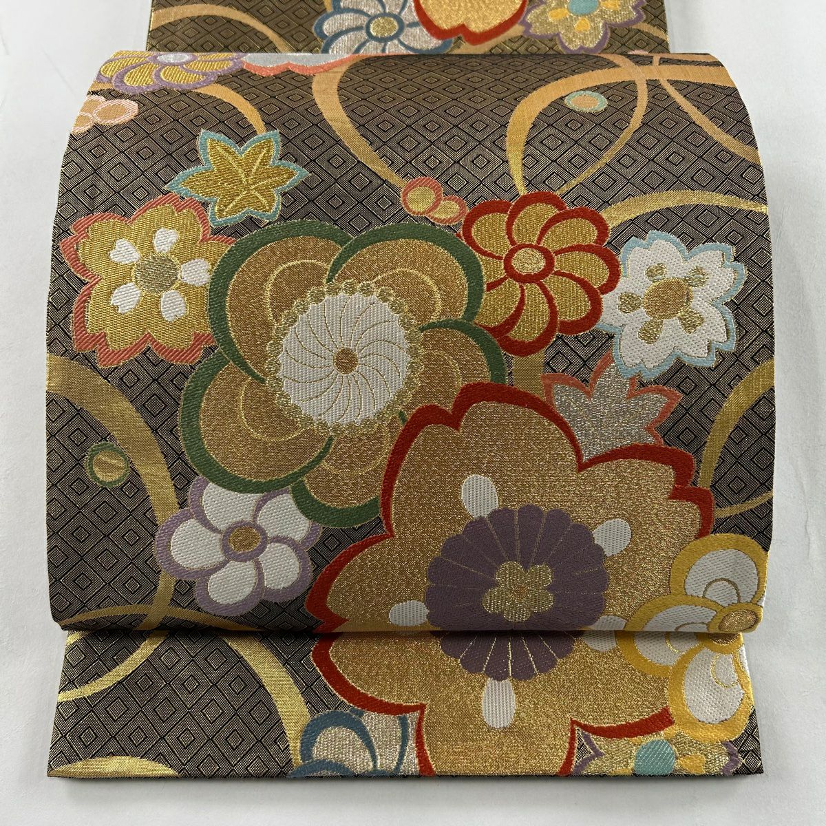 袋帯 美品 秀品 流水 霞 金銀糸 綴織 ベージュ 六通 正絹|中古
