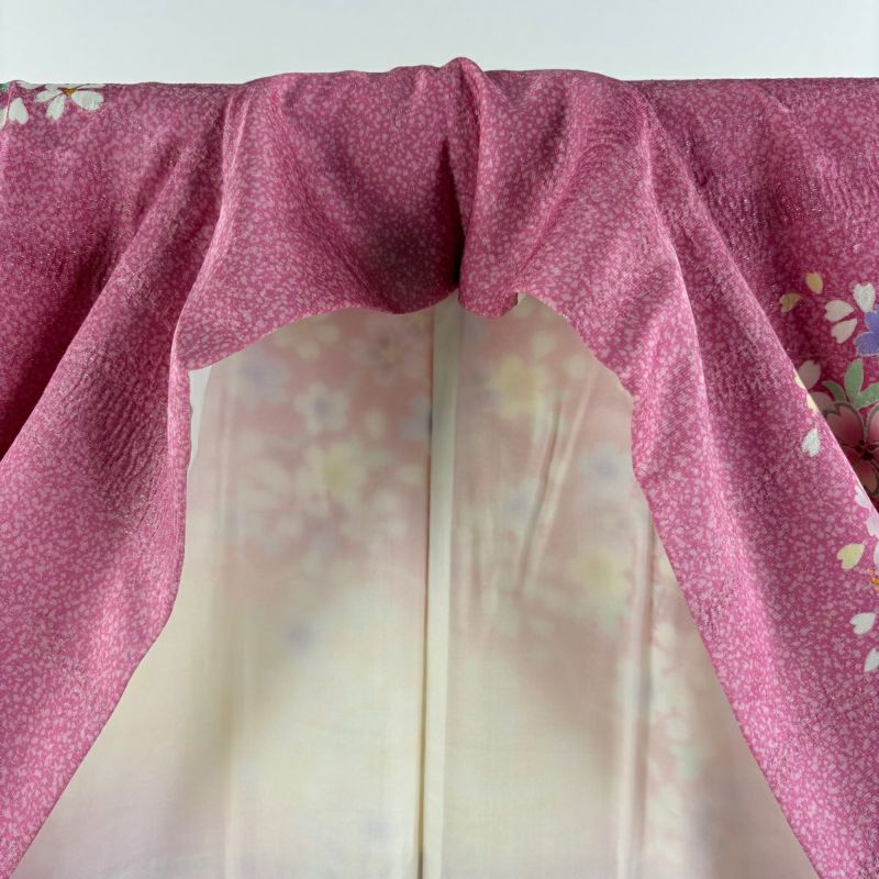 振袖 身丈161.5cm 裄丈68cm L 袷 桜 霞 銀通し 金彩 ピンク 正絹