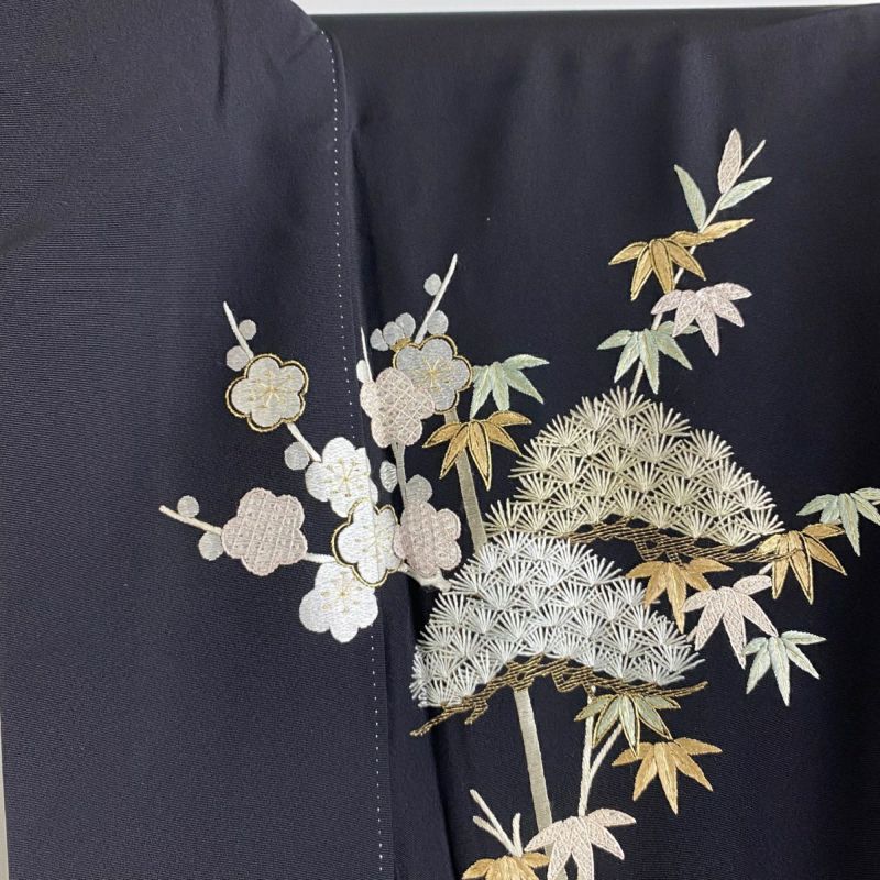 訪問着 身丈169cm 裄丈69cm L 袷 松竹梅 刺繍 金糸 黒 正絹 逸品