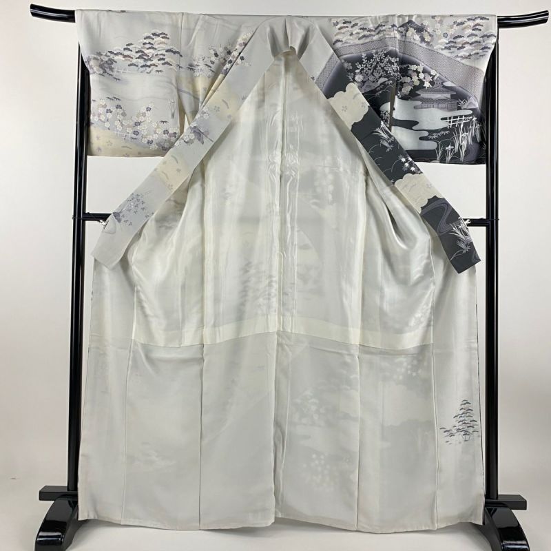 訪問着 身丈165cm 裄丈67.5cm L 袷 家屋 松竹梅 黒灰 正絹 逸品