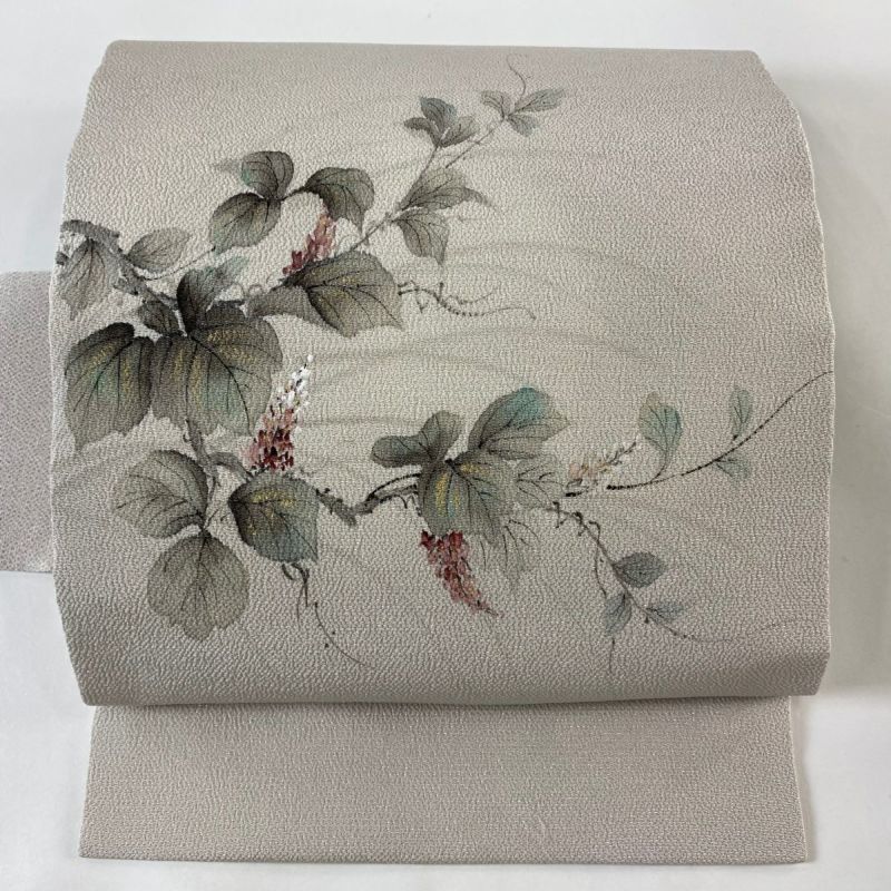 名古屋帯 美品 秀品 落款あり 枝花 金彩 灰色 正絹｜中古・古着