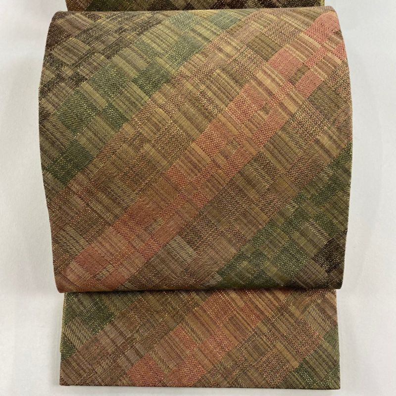 袋帯 美品 秀品 斜縞 金糸 箔 茶緑色 全通 正絹｜中古・古着