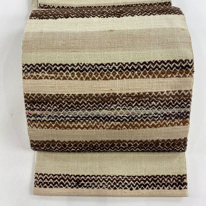 名古屋帯 美品 秀品 八寸名古屋帯 縞 幾何学 ベージュ 正絹