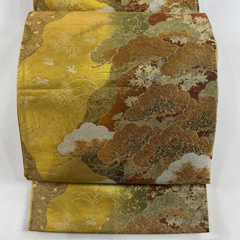 袋帯 秀品 笠松 草花 金銀糸 箔 金色 六通 正絹｜中古・古着