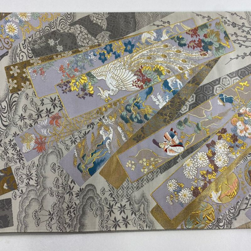 袋帯 上品な織柄 鳥に草花 正絹 AO-4264 袋帯 美品 秀品 短冊 花鳥 金糸 箔 灰色 六通 正絹｜中古・古着
