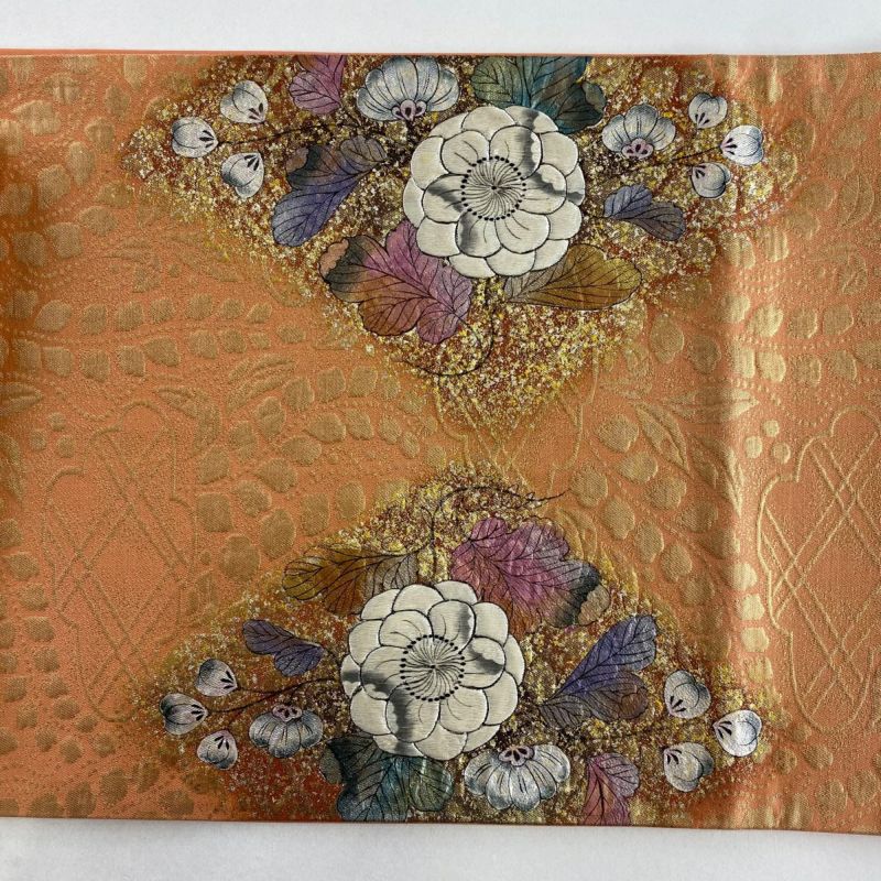 袋帯 美品 秀品 辻が花柄 雲文 刺繍 金銀彩 オレンジ お太鼓柄