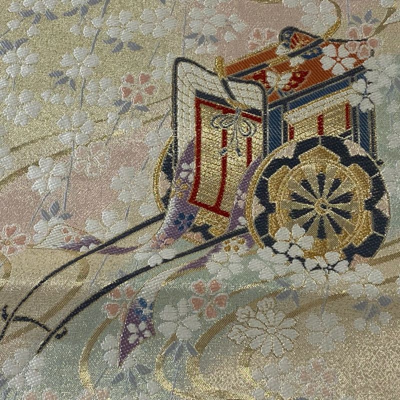 袋帯 秀品 御所車 桜 箔 金糸 クリーム 六通 正絹｜中古・古着