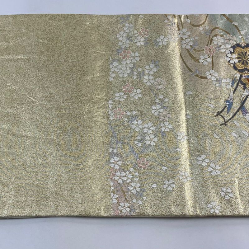 袋帯 秀品 御所車 桜 箔 金糸 クリーム 六通 正絹｜中古・古着
