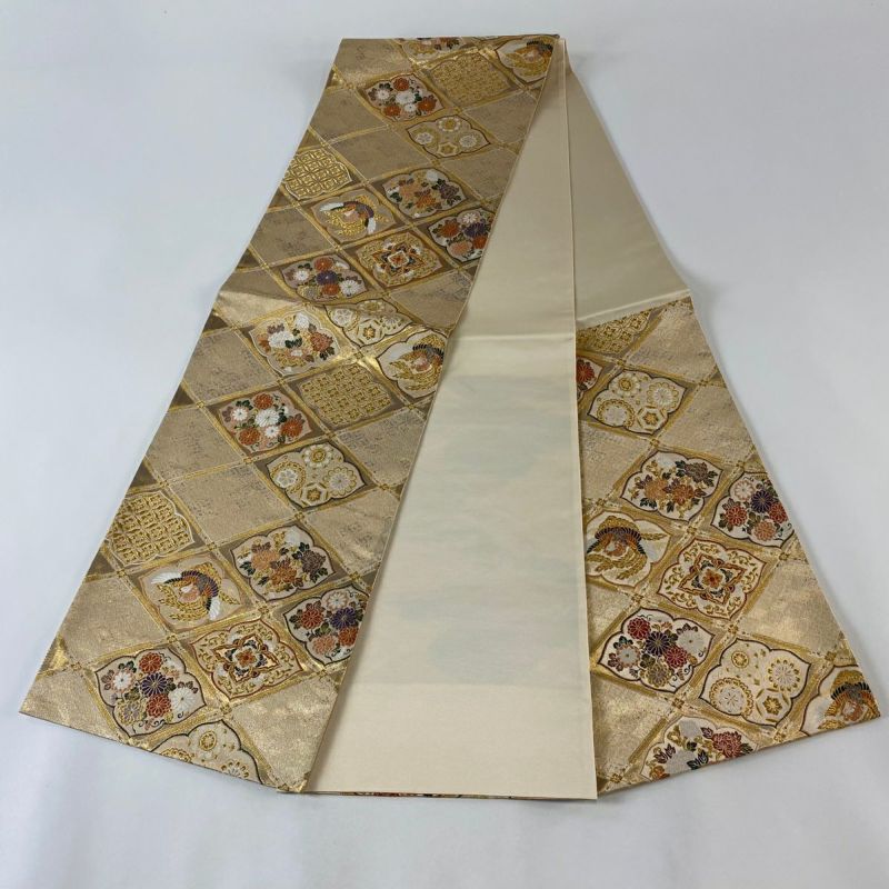 袋帯 美品 秀品 華文 斜め格子 箔 金彩 金色 六通 正絹｜中古