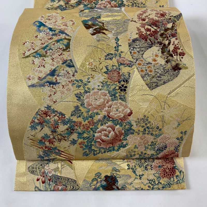着物帯、正絹（金銀糸箔） 袋帯 美品 秀品 波 段縞 金銀糸 箔 灰白 六通 正絹｜中古・古着