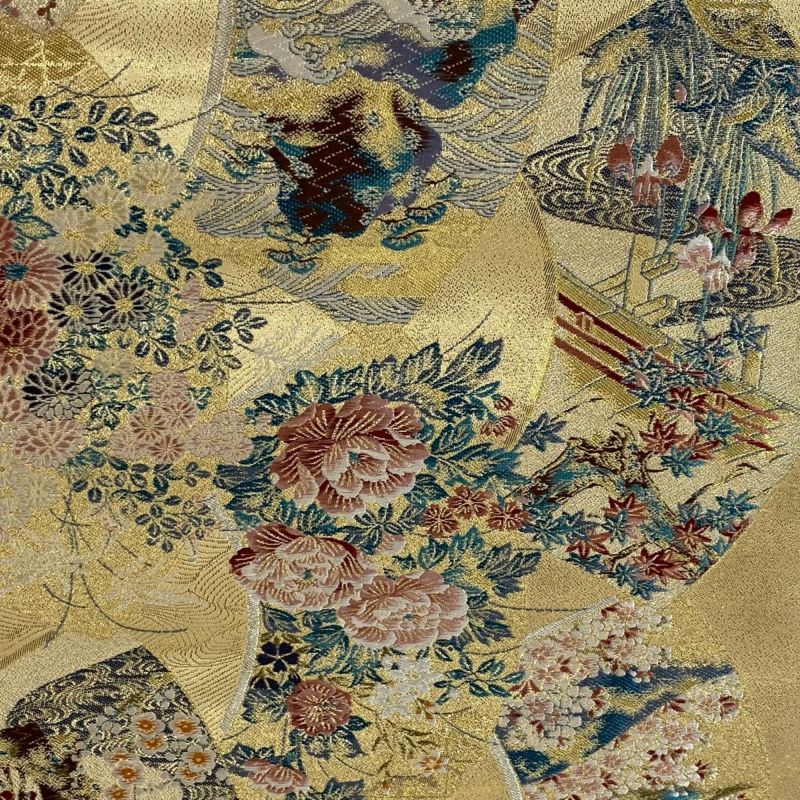 着物帯、正絹（金銀糸箔） 袋帯 美品 秀品 波 段縞 金銀糸 箔 灰白 六通 正絹｜中古・古着