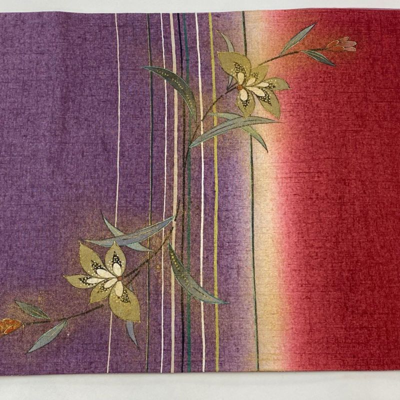 袋帯 秀品 紬地 草花 縞縞 金銀彩 えんじ色 お太鼓柄 正絹｜中古