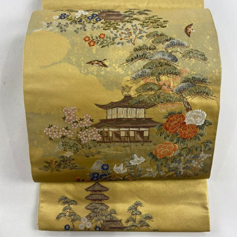 袋帯 美品 逸品 引箔本金紹巴 菱重ね鏡文 金糸 金色 お太鼓柄 正絹 袋帯 美品 逸品 引箔本金紹巴 菱重ね鏡文 金糸 金色 お太鼓柄