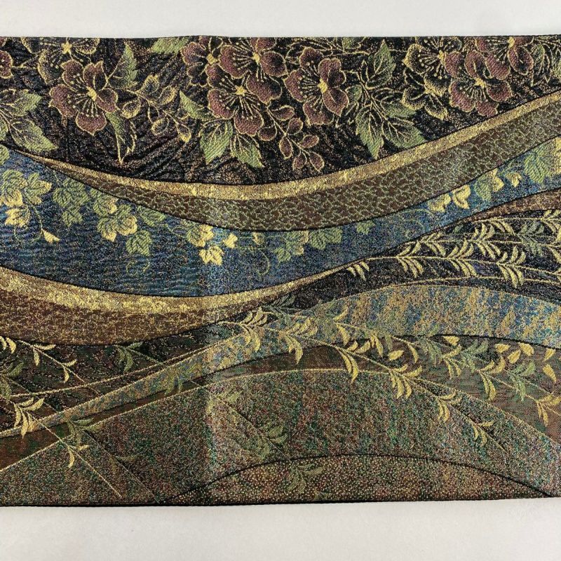 袋帯 美品 秀品 草花 幾何学模様 金糸 箔 深緑 六通 正絹｜中古