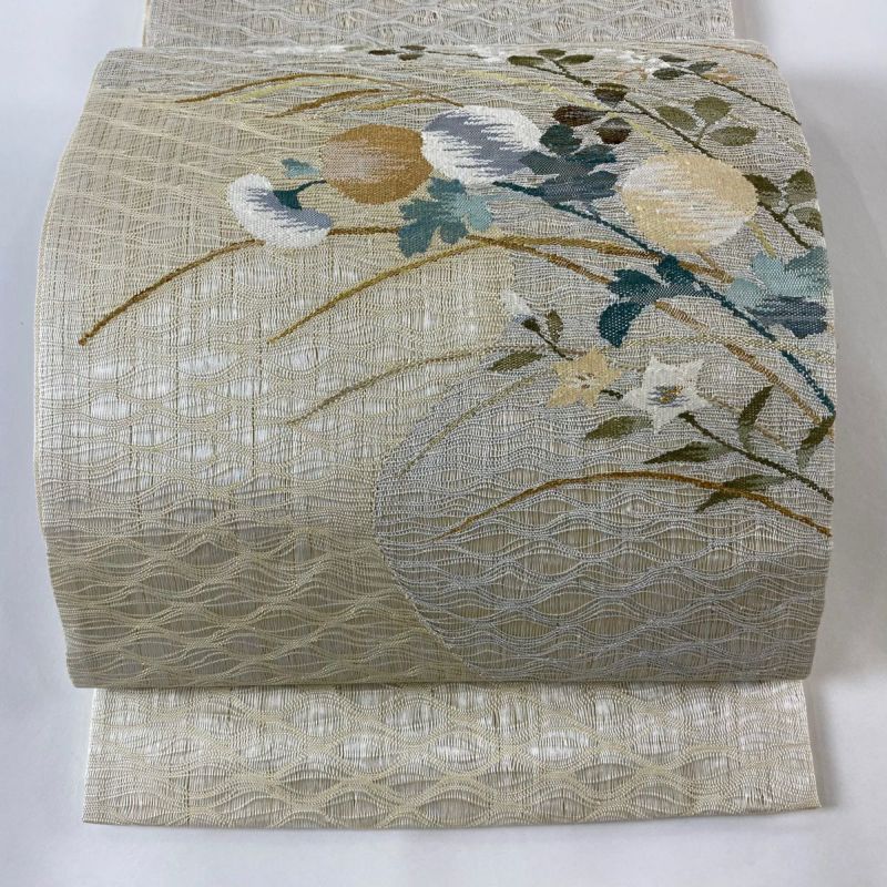 袋帯 秀品 夏帯 秋草 金糸 クリーム お太鼓柄 正絹｜中古・古着