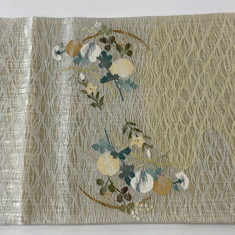 Eric 名古屋帯 壺柄 金糸 格子柄 緑 太鼓柄 NO-1450 袋帯 秀品 夏帯 秋草 金糸 クリーム お太鼓柄 正絹｜中古・古着