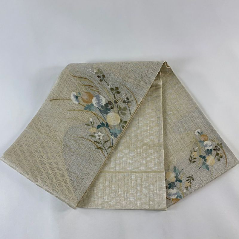袋帯 秀品 夏帯 秋草 金糸 クリーム お太鼓柄 正絹｜中古・古着