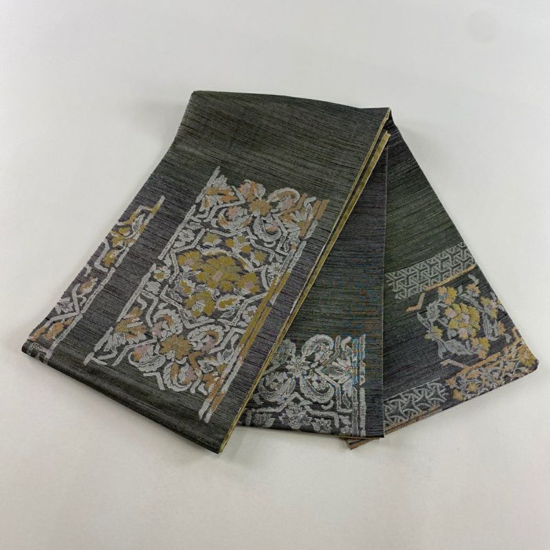 袋帯 美品 秀品 草花 幾何学模様 箔 灰色 お太鼓柄 正絹｜中古