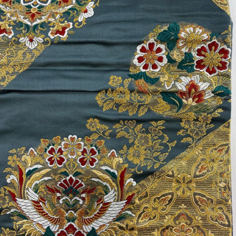 正絹袋帯向かい鳥花唐草 袋帯 名品 向かい鳥 花菱 金糸 唐織 金色 六通 正絹 【中古