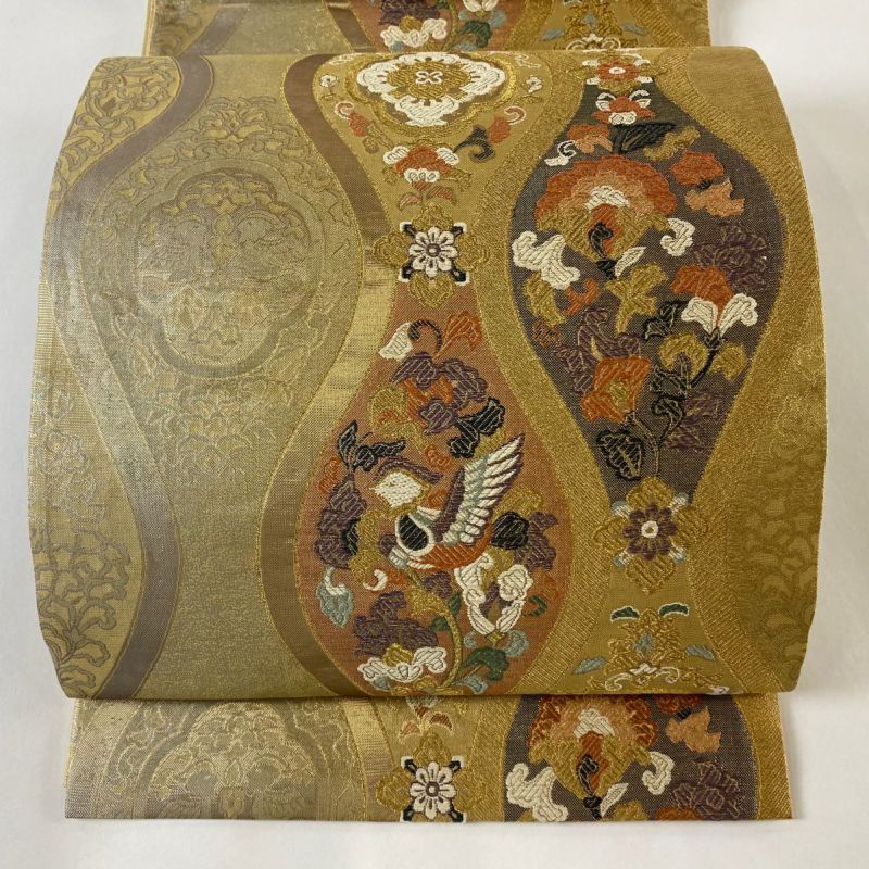 袋帯 美品 秀品 立涌 花鳥 金糸 箔 金色 六通 正絹｜中古・古着