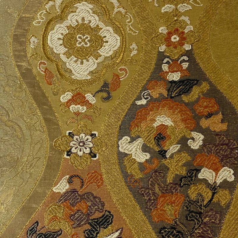 LULU18 半幅帯 化繊 刺繍 鳥 黄土色 黄八丈の半幅帯 ボーダー柄 | リサイクル着物 菅野