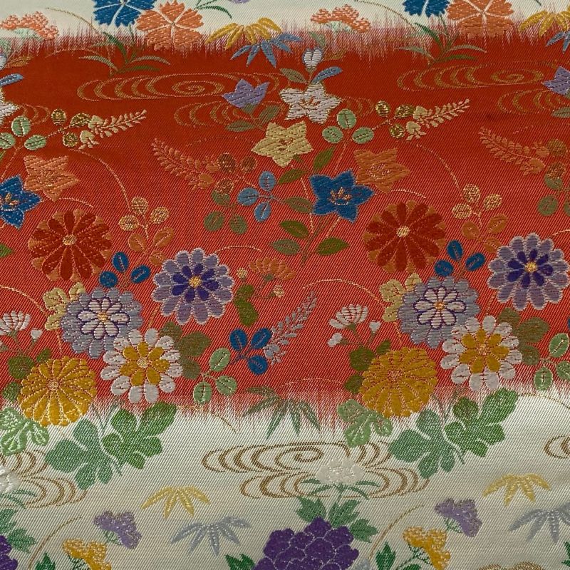 名古屋帯 秀品 紬地 草花 流水 唐織 箔 朱色 正絹｜中古・古着