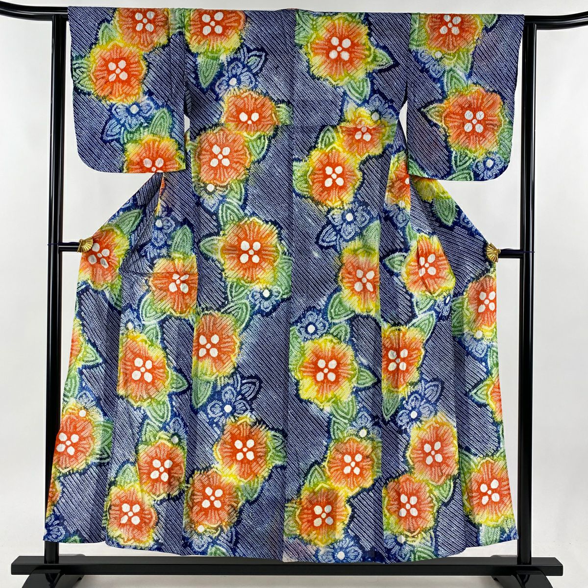浴衣 身丈156.5cm 裄丈64.5cm M 絞り浴衣 菱 紺色 綿 名品