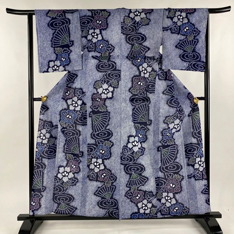 浴衣 身丈157cm 裄丈63cm S 絞り浴衣 扇 草花 紺色 綿 名品