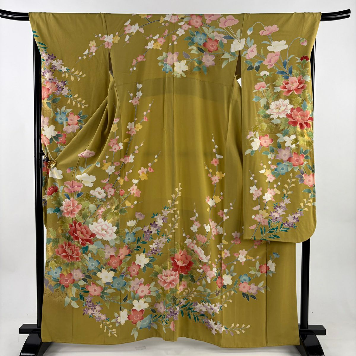 振袖 身丈162.5cm 裄丈68cm L 袷 牡丹 桜 金彩 黄土色 正絹 秀品｜中古