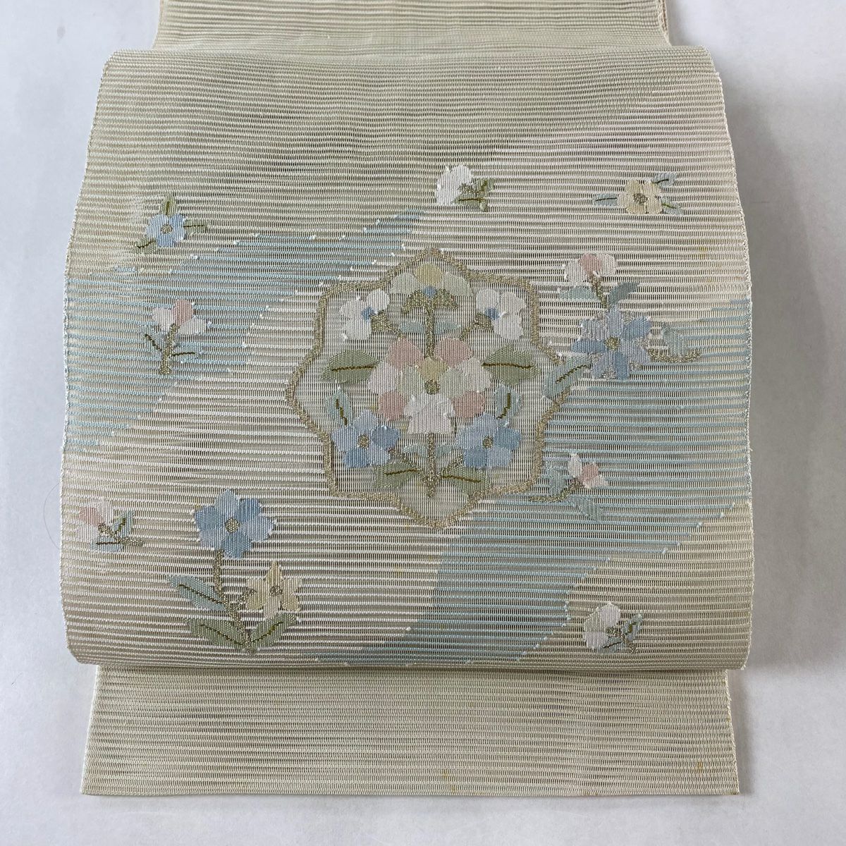 袋帯 秀品 夏帯 絽 草花 竹 金銀糸 箔 ベージュ 六通 正絹｜中古