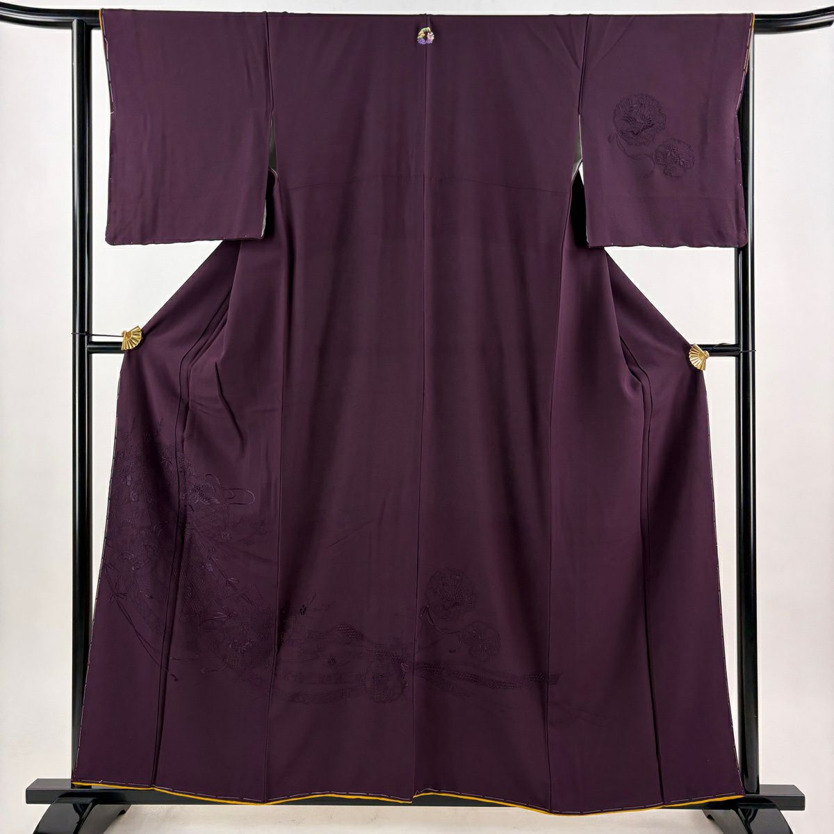 付下げ 身丈158.5cm 裄丈64cm M 袷 几帳 雪輪 刺繍 濃紫 正絹 秀品 一