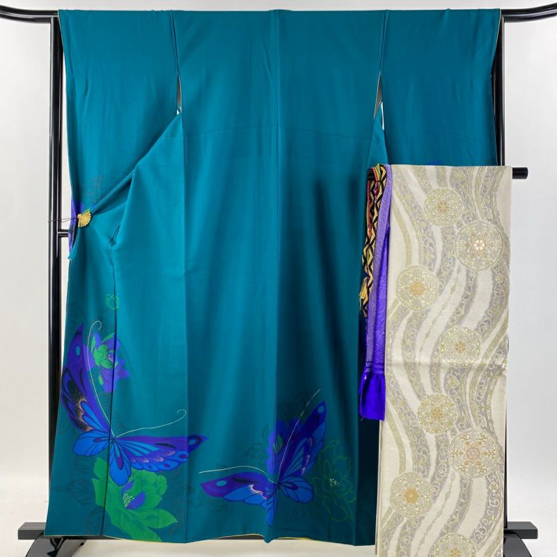 振袖 身丈159.5cm 裄丈65.5cm M 袷 袋帯フルセット 蝶 牡丹 金彩