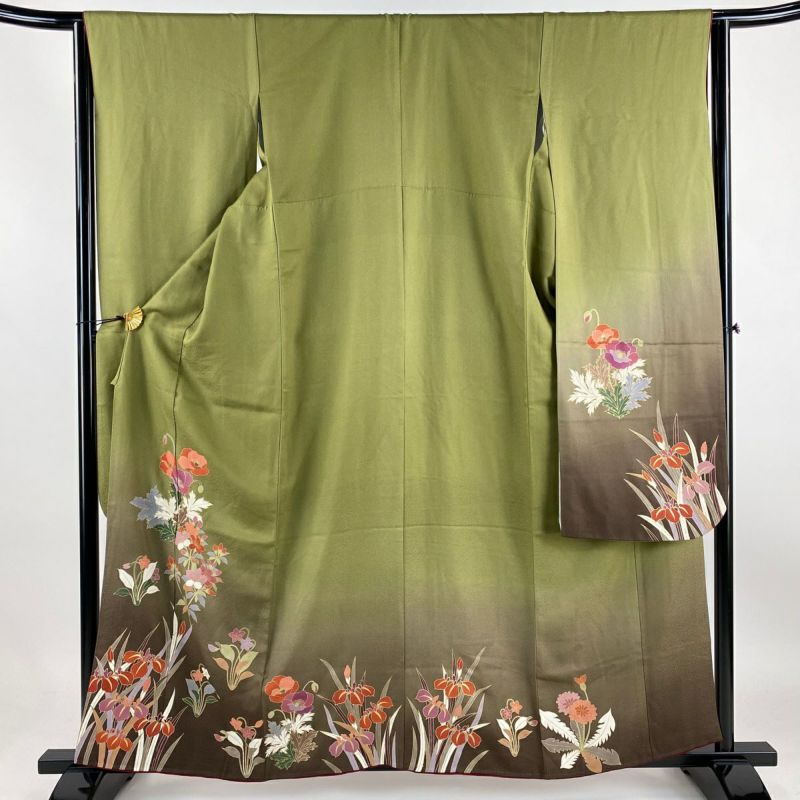 振袖 身丈159cm 裄丈62.5cm S 袷 草花 菖蒲 金彩 ぼかし 鶯色