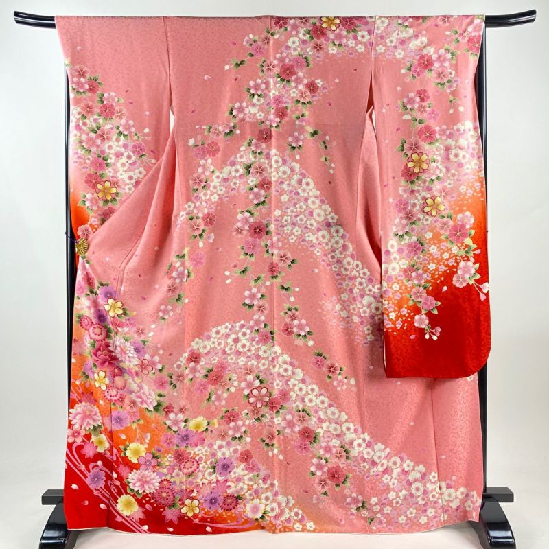 振袖 身丈169cm 裄丈66.5cm M 袷 草花 流水 金彩 箔 ピンク 化繊