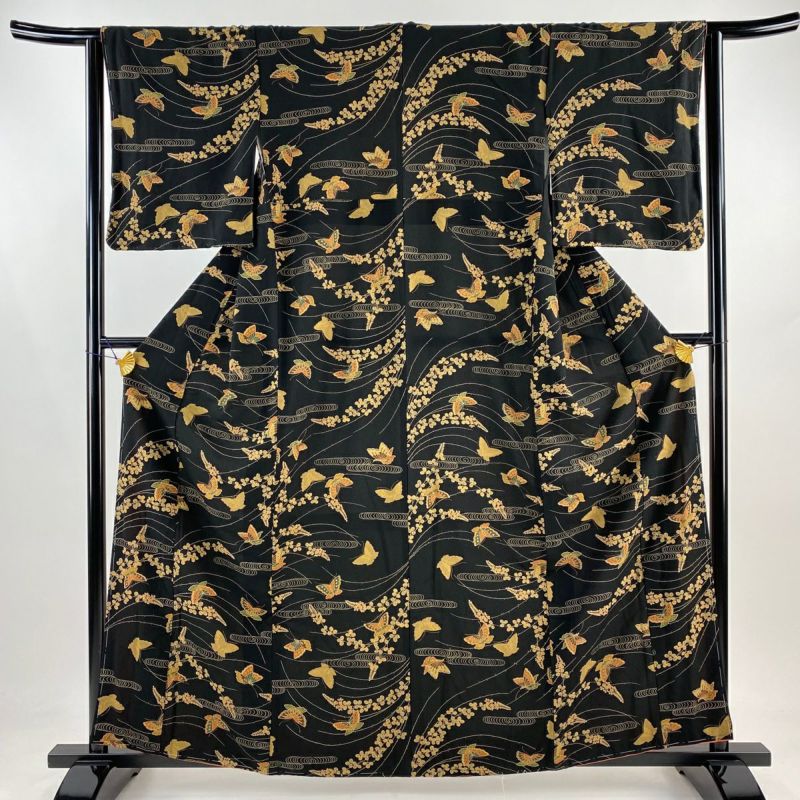 【逸品】高級・小紋 小紋 身丈163cm 裄丈67cm M 袷 草花 鳥 紋意匠 灰色 正絹 逸品