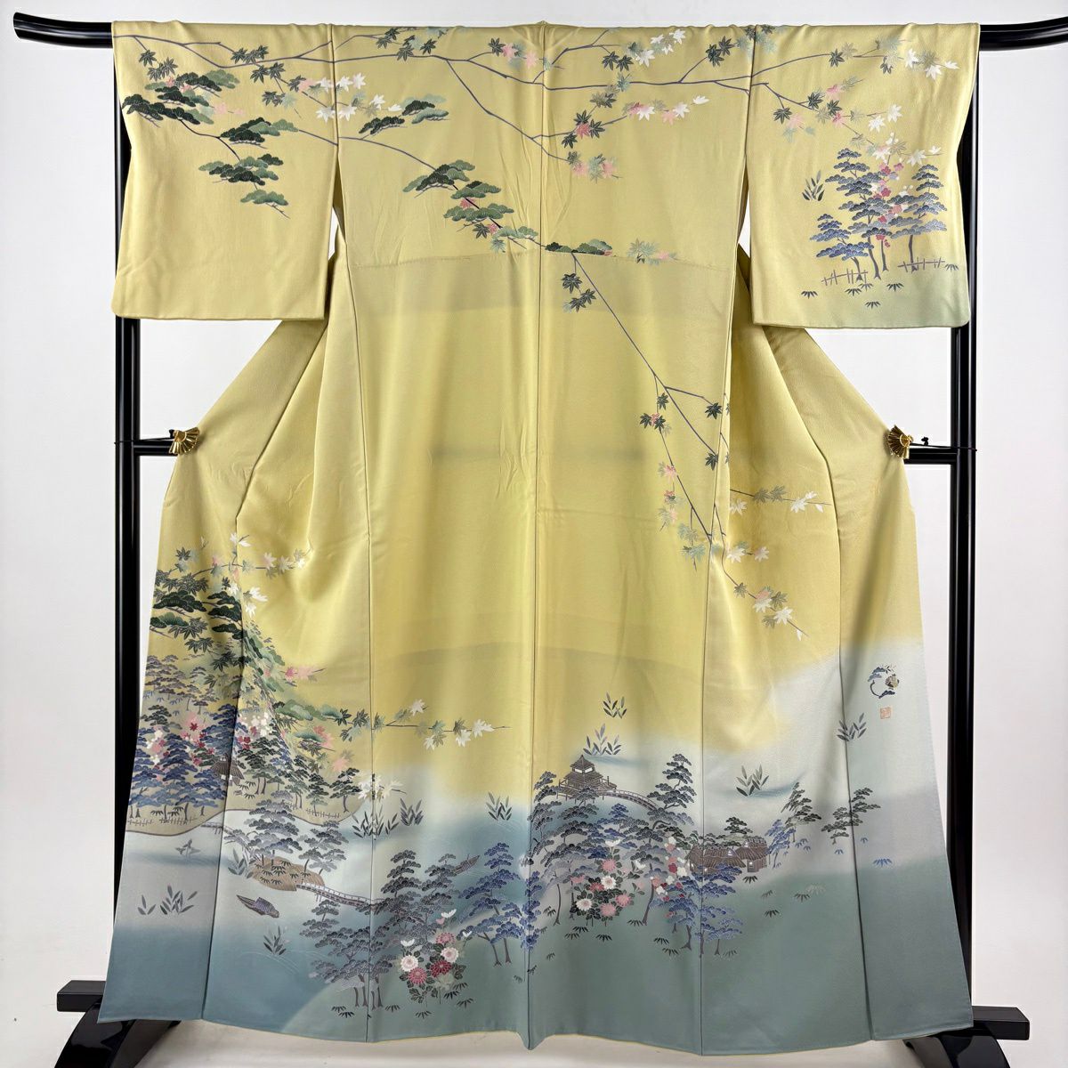 訪問着 身丈162cm 裄丈67cm M 袷 落款あり 家屋 松竹梅 ぼかし