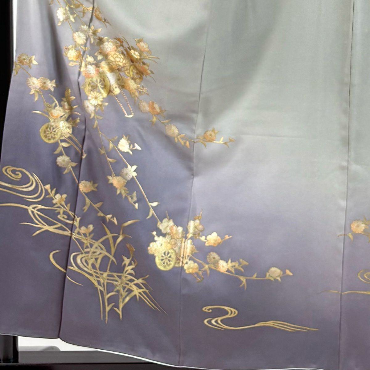 超美品　正絹　袷　螺鈿　金彩　訪問着　着物　着丈168裄70 トールサイズ　水色 訪問着 身丈166.5cm 裄丈64cm M 袷 扇面 草花 螺鈿 金糸 水色 正絹 秀