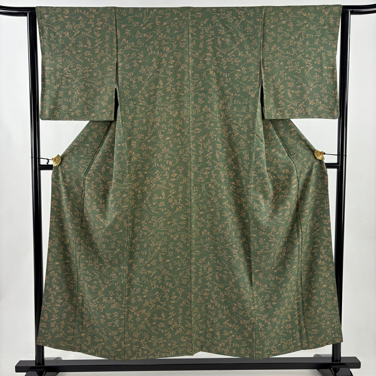 美品】 小紋 身丈166cm 裄丈67cm M 袷 よろけ縞 地紋 墨色 化繊 秀品