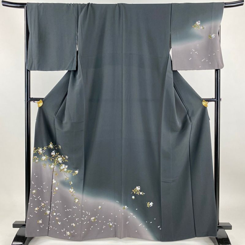 付下げ 身丈165.5cm 裄丈68cm L 袷 桜 花びら 金彩 ぼかし 墨色