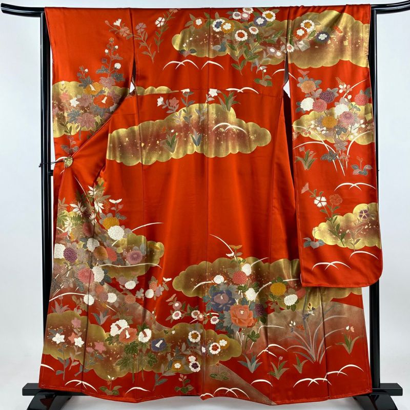 振袖 身丈160cm 裄丈64.5cm M 袷 雲文 菊 金銀彩 朱色 正絹 秀品