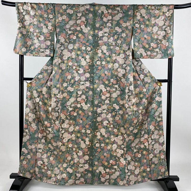 【色無地小紋】 紋なし 金扇模様 金糸 着物 単衣 広衿 身丈約162cm 色無地小紋】 紋なし 金扇模様 金糸 着物 単衣 広衿 身丈約162cm